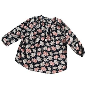 Torrid 1 Women’s Floral Tunic Blouse V Neck 3/4 Sleeves Pink Black Cream